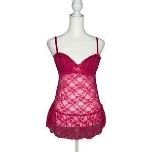 Rampage Intimates Pink Floral Lace Babydoll Chemise Lingerie Medium Fuchsia